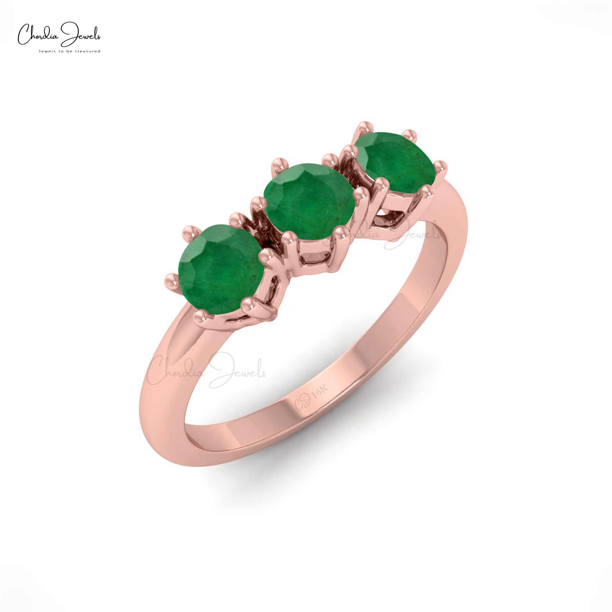 Triple Stone Wedding Ring In 14k Pure Gold Round Emerald 4mm Gemstone Rings For Women