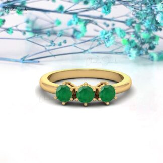 Triple Stone Wedding Ring In 14k Pure Gold Round Emerald 4mm Gemstone Rings For Women