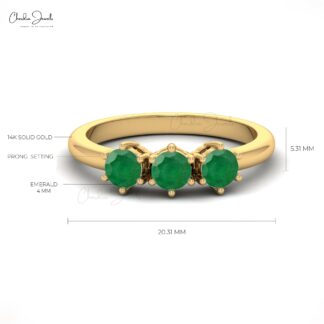 Triple Stone Wedding Ring In 14k Pure Gold Round Emerald 4mm Gemstone Rings For Women