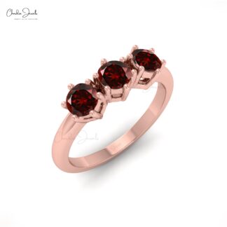 Trio Gemstone Ring In Solid 14k Gold Red Garnet Round Cut Stackable Ring For Mom