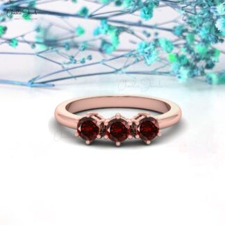 Trio Gemstone Ring In Solid 14k Gold Red Garnet Round Cut Stackable Ring For Mom