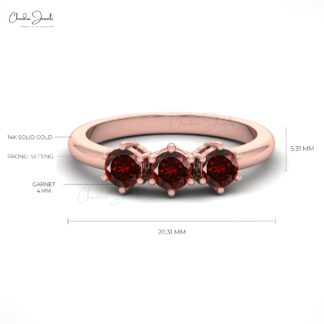Trio Gemstone Ring In Solid 14k Gold Red Garnet Round Cut Stackable Ring For Mom