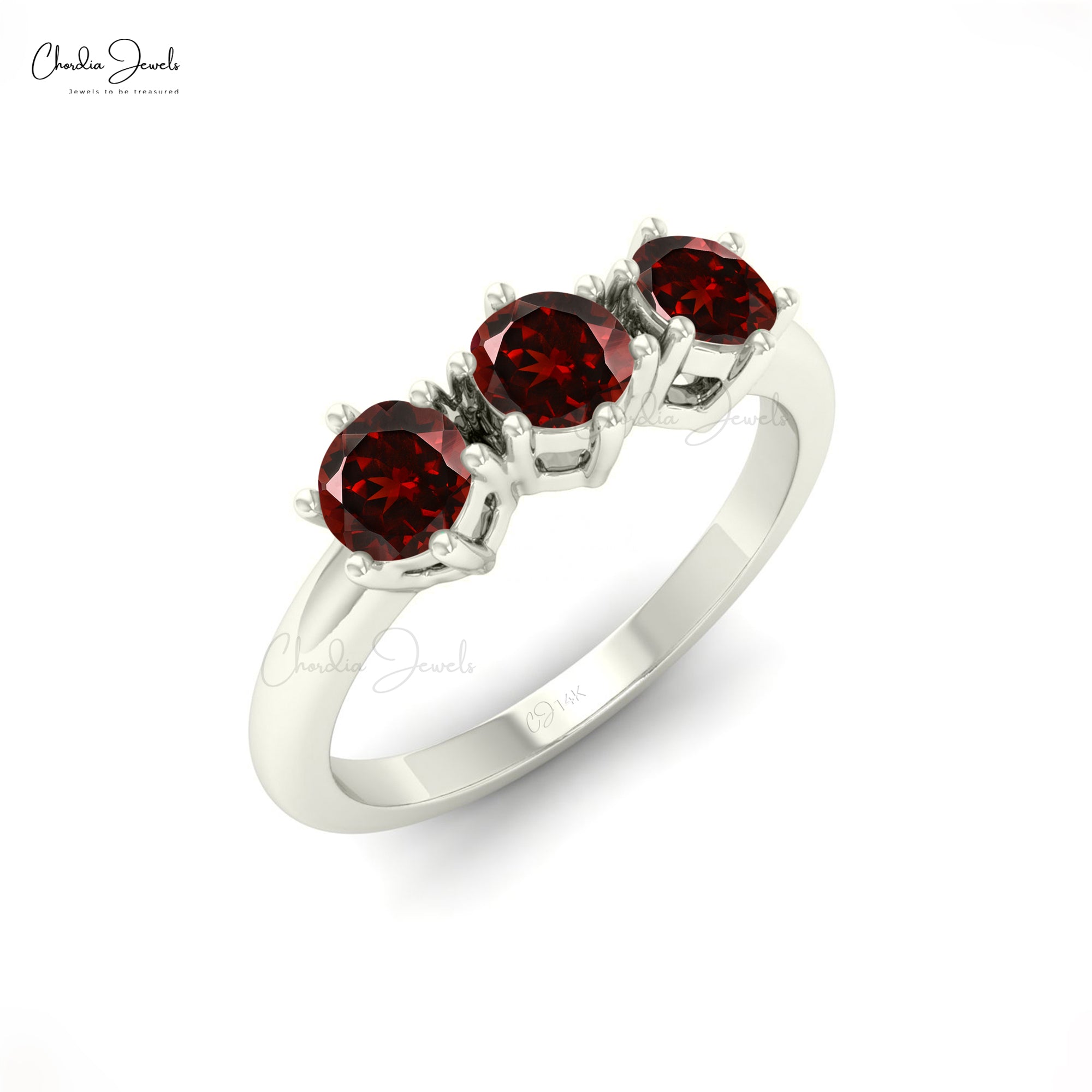 Trio Gemstone Ring In Solid 14k Gold Red Garnet Round Cut Stackable Ring For Mom