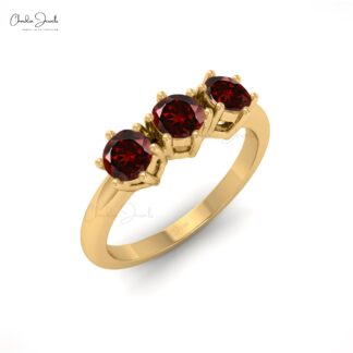 Trio Gemstone Ring In Solid 14k Gold Red Garnet Round Cut Stackable Ring For Mom