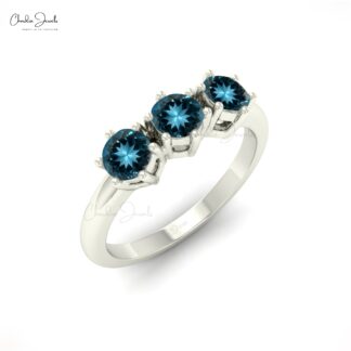 Three Gemstone Ring With 0.75 Ct London Blue Topaz Prong Set In 14k Real Gold Ring