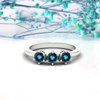 Three Gemstone Ring With 0.75 Ct London Blue Topaz Prong Set In 14k Real Gold Ring
