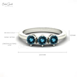 Three Gemstone Ring With 0.75 Ct London Blue Topaz Prong Set In 14k Real Gold Ring