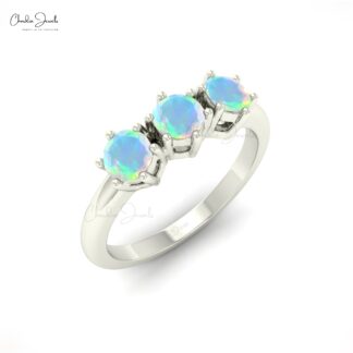 Round Cut 3 Stone Ring In 14k Solid Gold Fire Opal October Birthstone Rings For Her