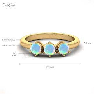 Round Cut 3 Stone Ring In 14k Solid Gold Fire Opal October Birthstone Rings For Her