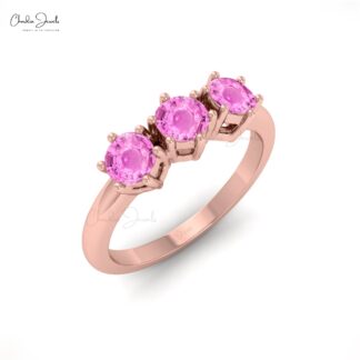 4MM Pink Sapphire Round Cut Three Stone Gemstone Ring