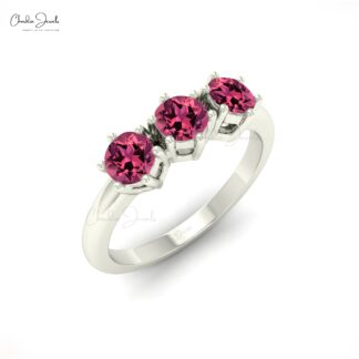 Trilogy Wedding Ring With 4mm Pink Tourmaline Handmade Ring In 14k Real Gold Jewelry