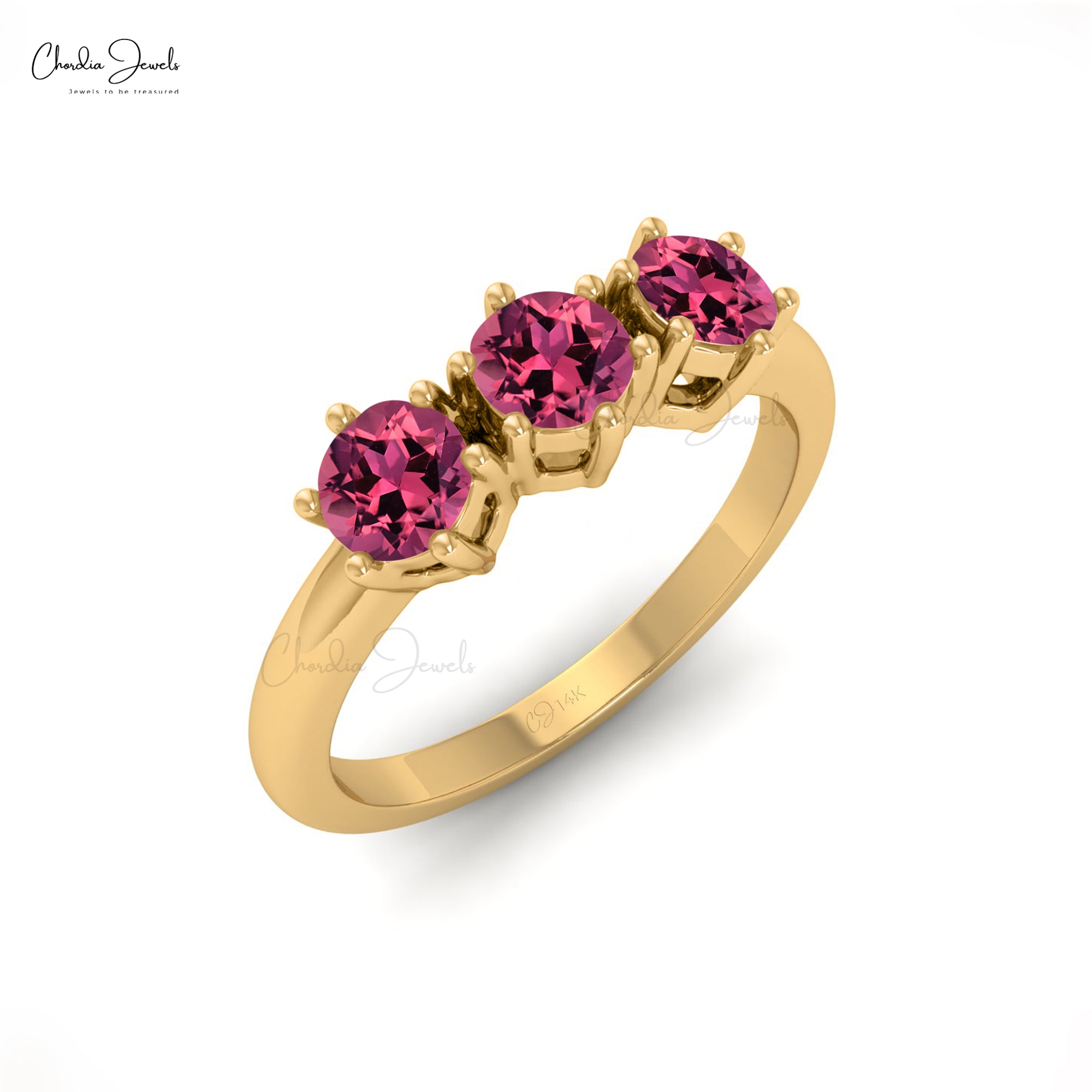 Trilogy Wedding Ring With 4mm Pink Tourmaline Handmade Ring In 14k Real Gold Jewelry