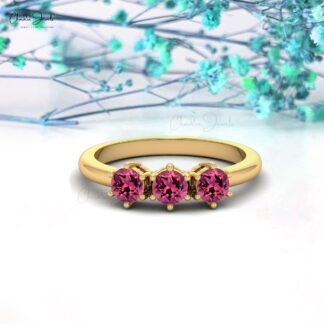 Trilogy Wedding Ring With 4mm Pink Tourmaline Handmade Ring In 14k Real Gold Jewelry