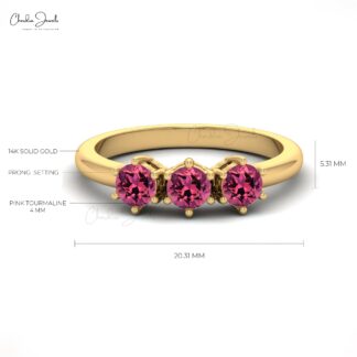 Trilogy Wedding Ring With 4mm Pink Tourmaline Handmade Ring In 14k Real Gold Jewelry