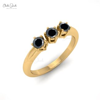 Round Black Diamond 3 Stone Ring With 0.30 Ct Diamond Trilogy Jewelry In 14k Solid Gold