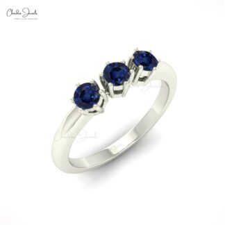 Pure 14k Gold Trilogy Ring In 3mm Blue Sapphire Round Gemstone Proposal Ring