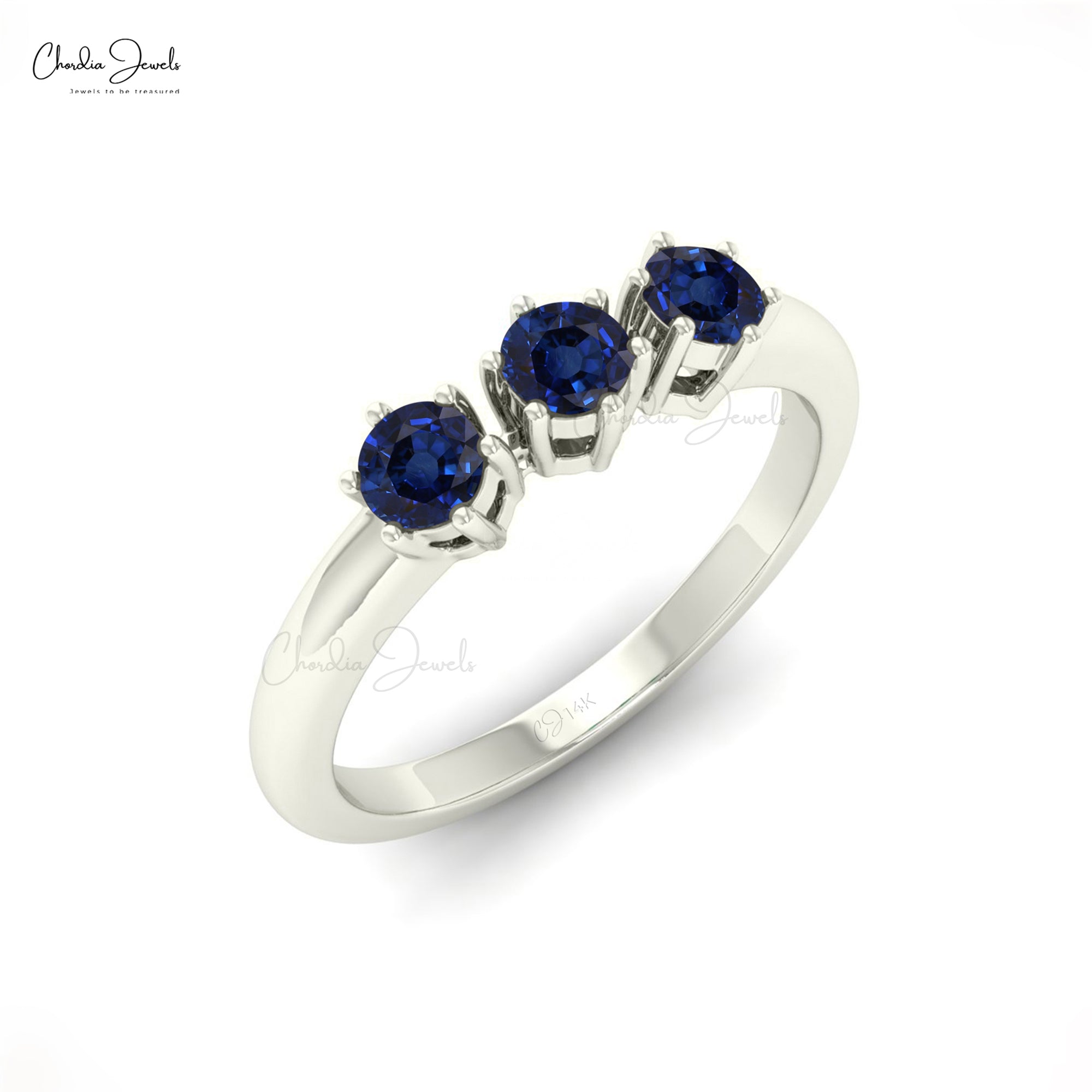 Pure 14k Gold Trilogy Ring In 3mm Blue Sapphire Round Gemstone Proposal Ring