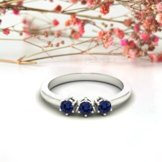 Pure 14k Gold Trilogy Ring In 3mm Blue Sapphire Round Gemstone Proposal Ring