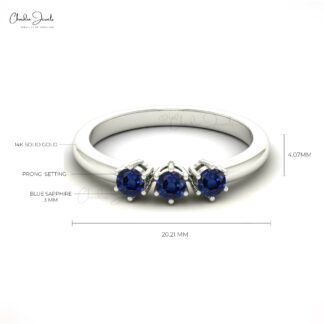 Pure 14k Gold Trilogy Ring In 3mm Blue Sapphire Round Gemstone Proposal Ring