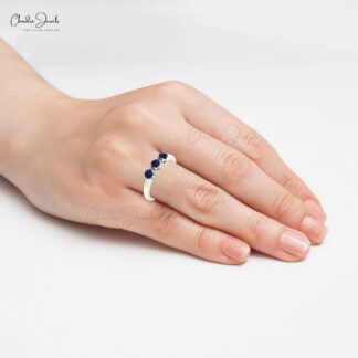 Pure 14k Gold Trilogy Ring In 3mm Blue Sapphire Round Gemstone Proposal Ring