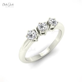 Dainty Three Stone Ring In 14k Solid Gold White Diamond 3mm Round Cut Women Ring