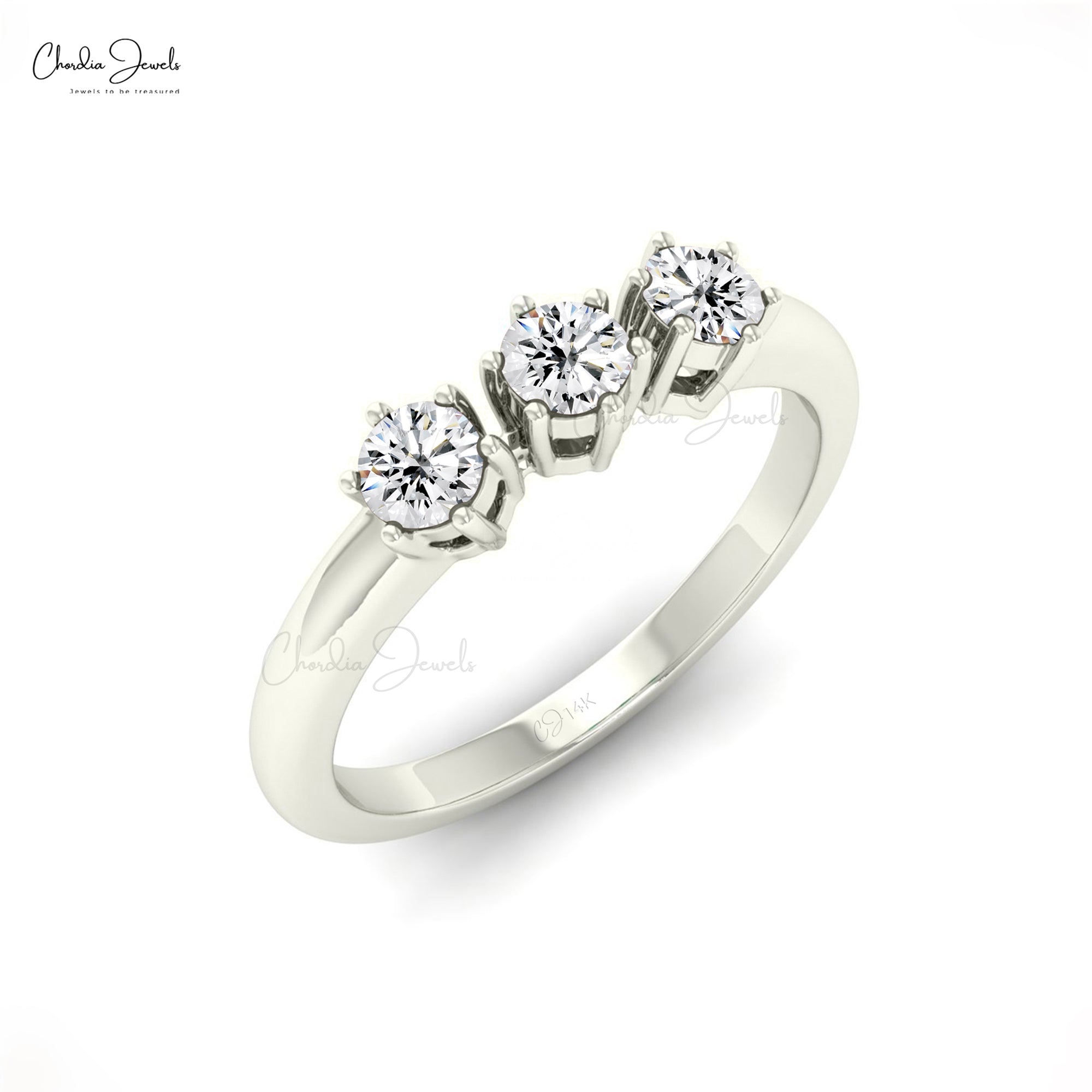 Dainty Three Stone Ring In 14k Solid Gold White Diamond 3mm Round Cut Women Ring