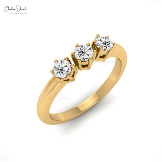 Dainty Three Stone Ring In 14k Solid Gold White Diamond 3mm Round Cut Women Ring