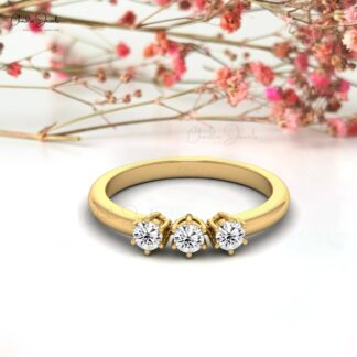Dainty Three Stone Ring In 14k Solid Gold White Diamond 3mm Round Cut Women Ring
