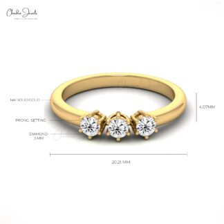 Dainty Three Stone Ring In 14k Solid Gold White Diamond 3mm Round Cut Women Ring