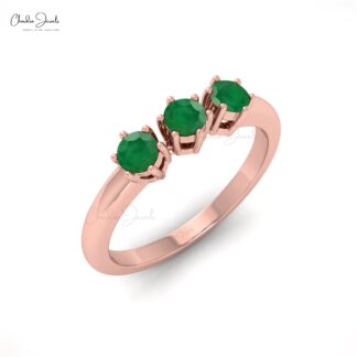 Real 14k Gold Prong Set Emerald Gemstone Dainty Trilogy Ring