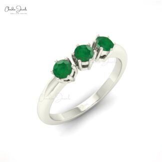 Real 14k Gold Prong Set Emerald Gemstone Dainty Trilogy Ring