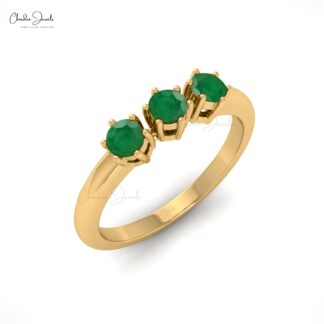 Real 14k Gold Prong Set Emerald Gemstone Dainty Trilogy Ring