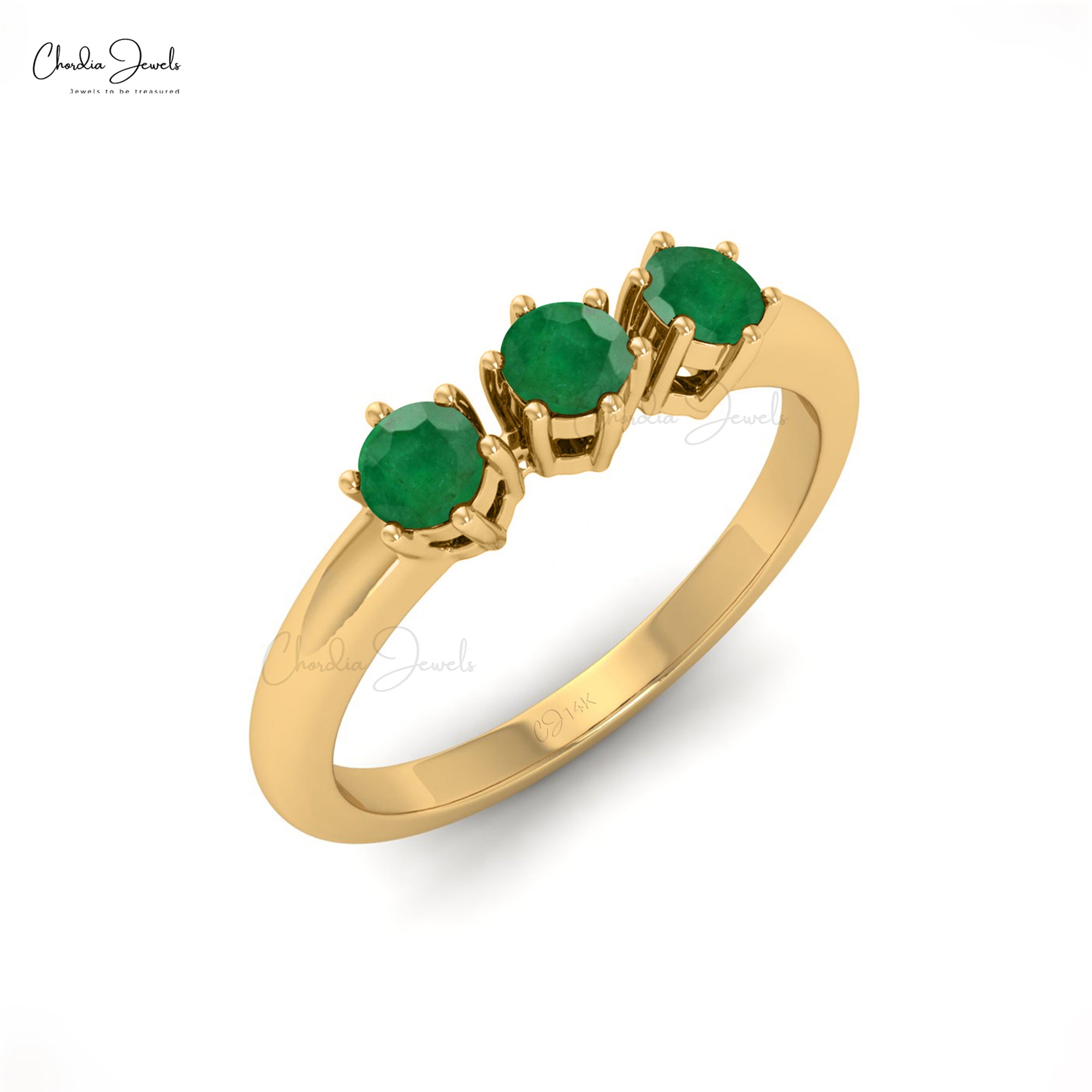 Real 14k Gold Prong Set Emerald Gemstone Dainty Trilogy Ring