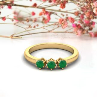 Real 14k Gold Prong Set Emerald Gemstone Dainty Trilogy Ring