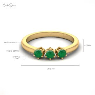 Real 14k Gold Prong Set Emerald Gemstone Dainty Trilogy Ring