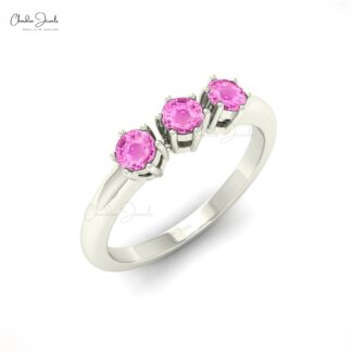 Genuine Pink Sapphire Three Stone Ring With 14k Solid Gold Dainty Rings For Women