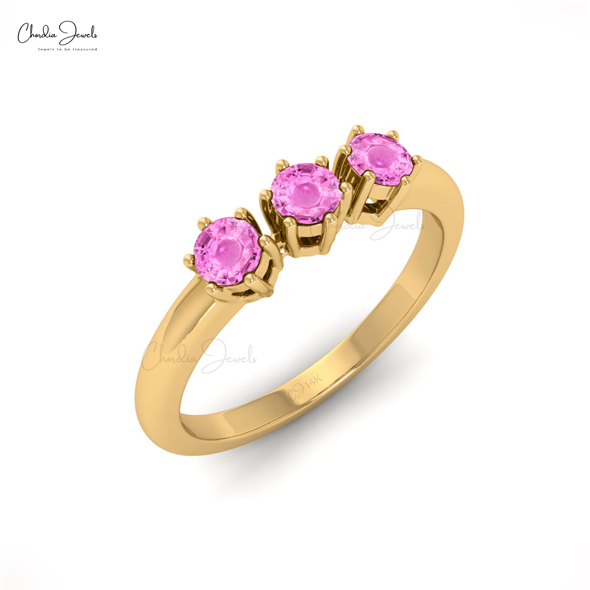 Genuine Pink Sapphire Three Stone Ring With 14k Solid Gold Dainty Rings For Women