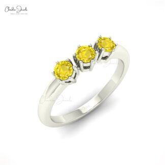 Stackable 3 Stone Ring In 14k Solid Gold Yellow Sapphire Trilogy Minimalist Jewelry