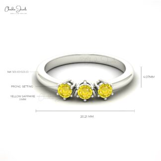 Stackable 3 Stone Ring In 14k Solid Gold Yellow Sapphire Trilogy Minimalist Jewelry