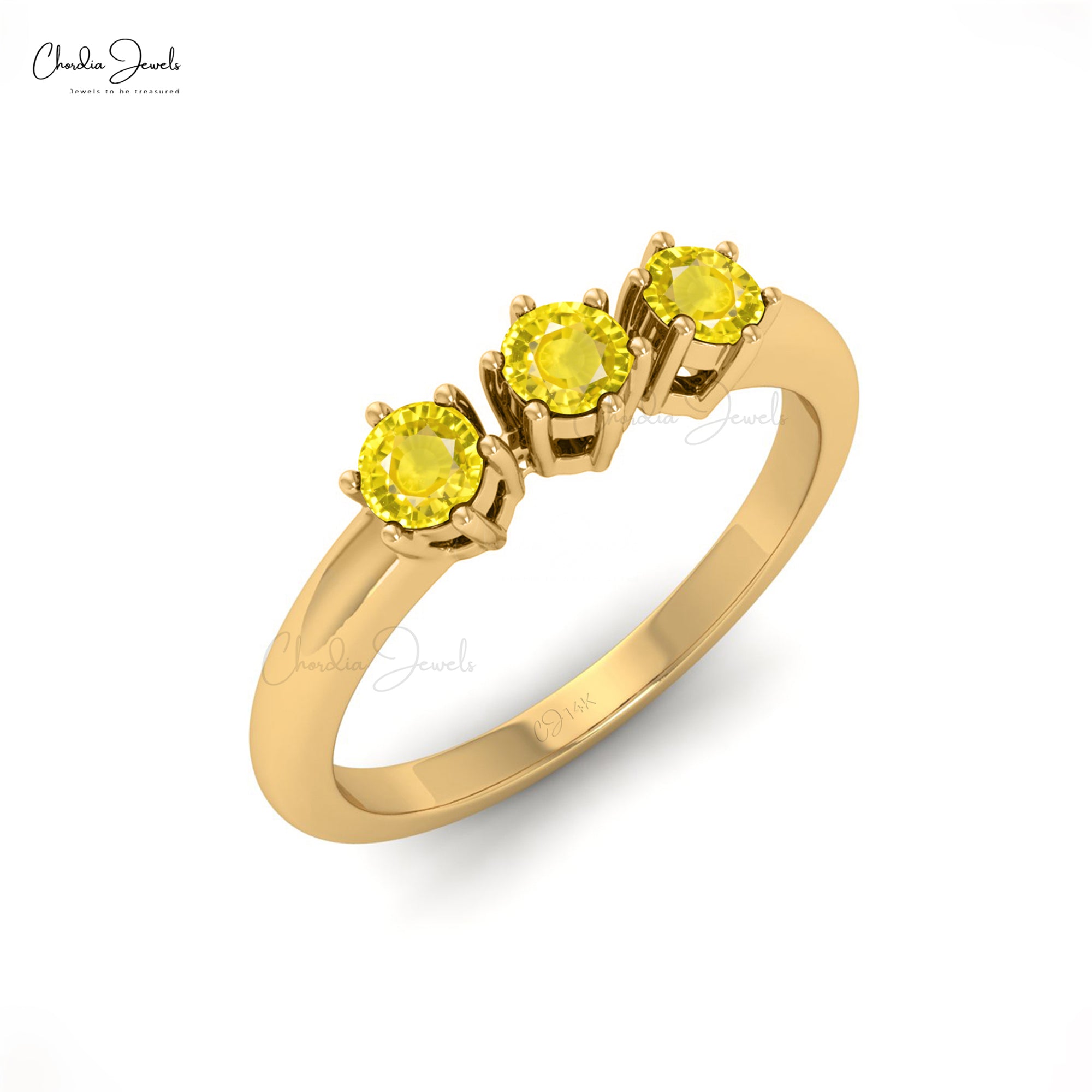 Stackable 3 Stone Ring In 14k Solid Gold Yellow Sapphire Trilogy Minimalist Jewelry
