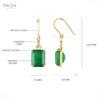 Diamond Dangle Earrings With 5.06 Ct Emerald Prong Set In 14k Yellow Gold Women Earrings