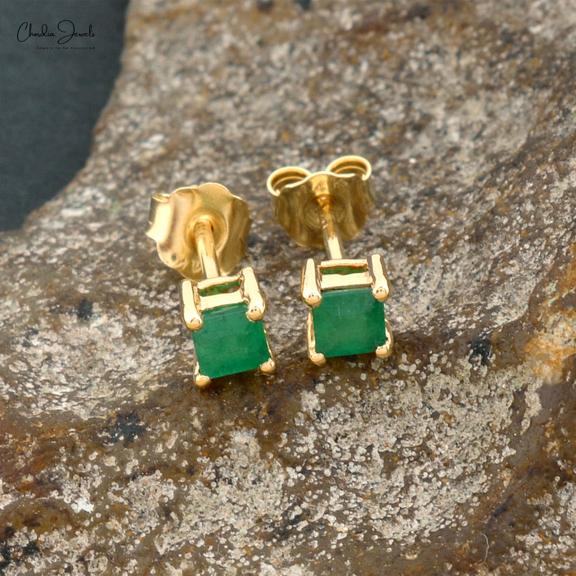 Natural Emerald Solitaire Studs In 14k Yellow Gold Gemstone Push Back Hallmark Earrings