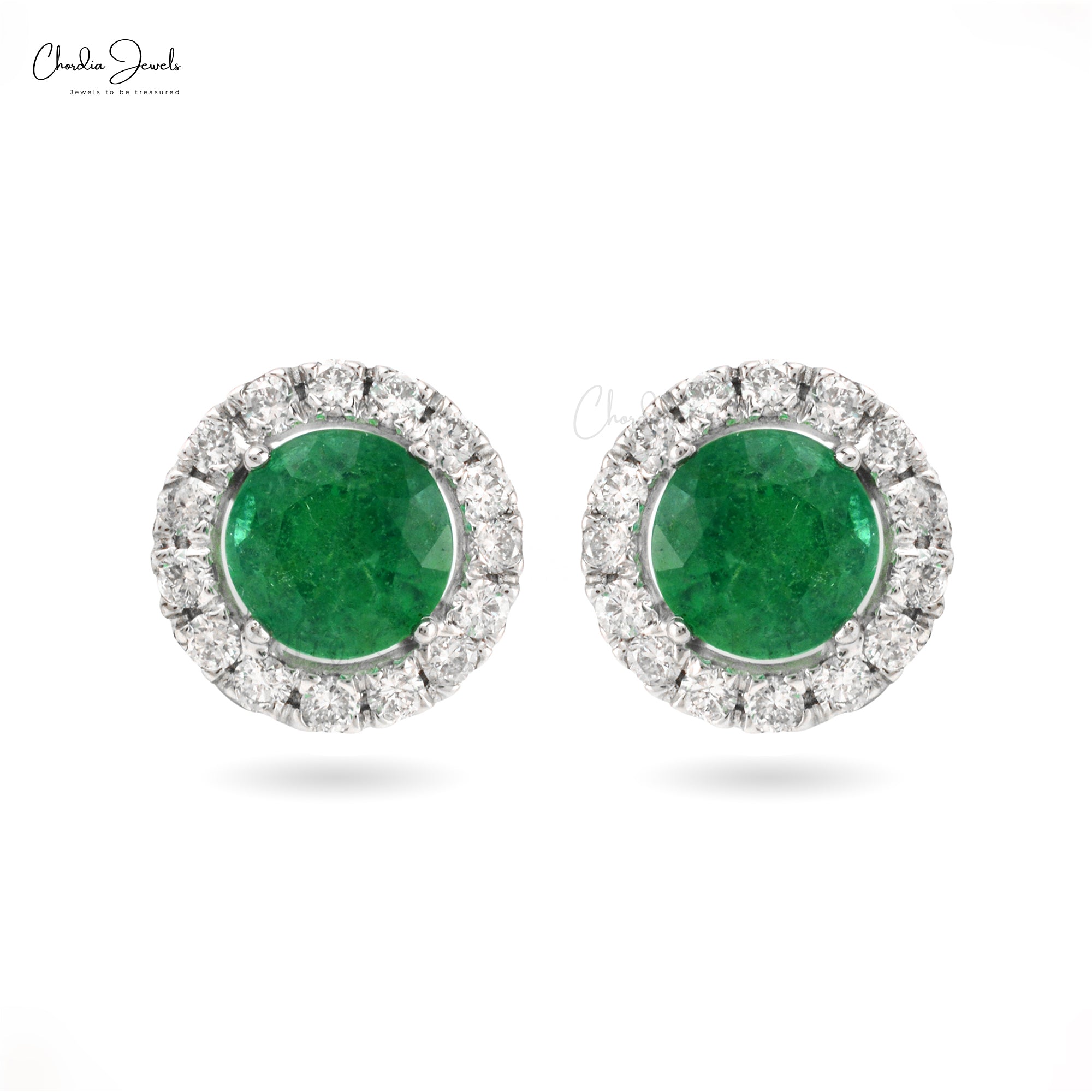 Halo Diamond Earrings With 7mm Emerald May Birthstone 14k Pure White Gold Studs For Her