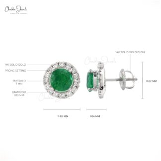 Halo Diamond Earrings With 7mm Emerald May Birthstone 14k Pure White Gold Studs For Her