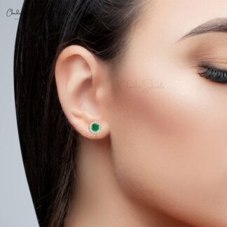 Halo Diamond Earrings With 7mm Emerald May Birthstone 14k Pure White Gold Studs For Her