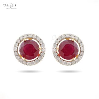 Brilliant Cut Halo Earrings In 14k Yellow Gold Burma Ruby And Diamond Detachable Studs