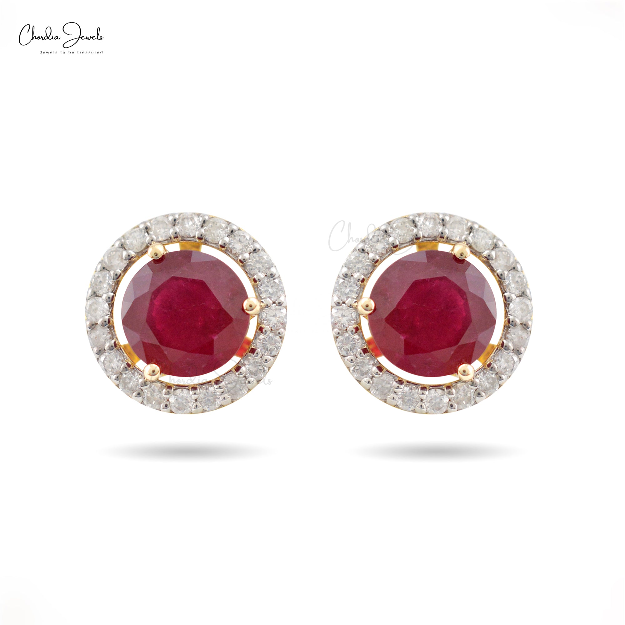 Brilliant Cut Halo Earrings In 14k Yellow Gold Burma Ruby And Diamond Detachable Studs