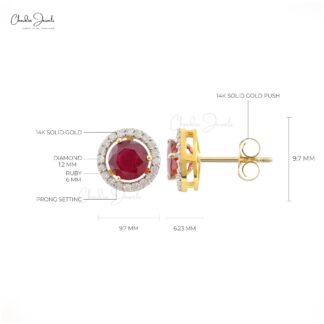 Brilliant Cut Halo Earrings In 14k Yellow Gold Burma Ruby And Diamond Detachable Studs
