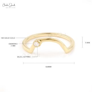 Dainty Curved Band In Real 14k Yellow Gold Diamond 2mm Round Cut Rings For Women