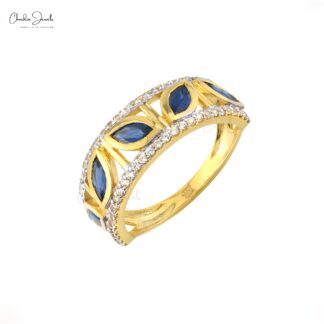 Art Deco Marquise Cut Ring with 0.2 Ct Blue Sapphire And Diamond Rings In 14k Yellow Gold